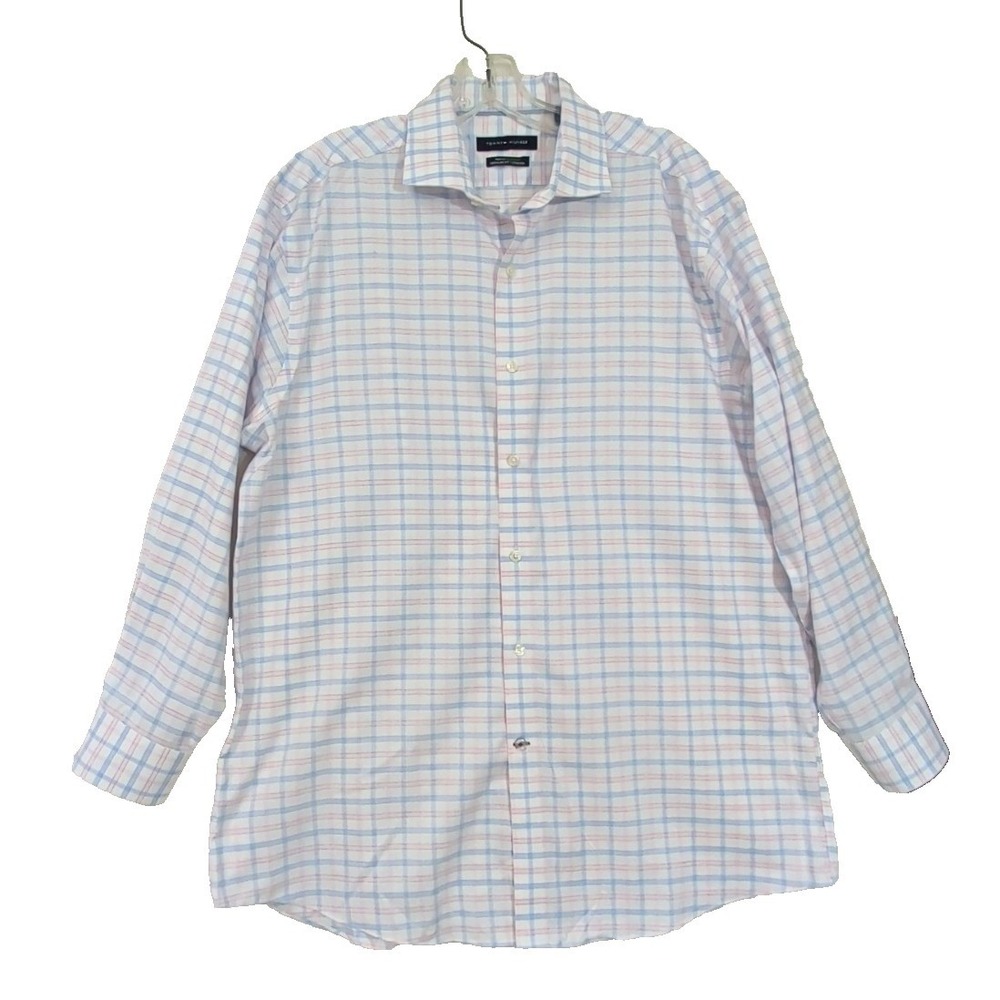 Tommy Hilfiger Button Up Shirt Mens 16.5‎ 32/33 Blue Pink Plaid ThFlex Stretch
